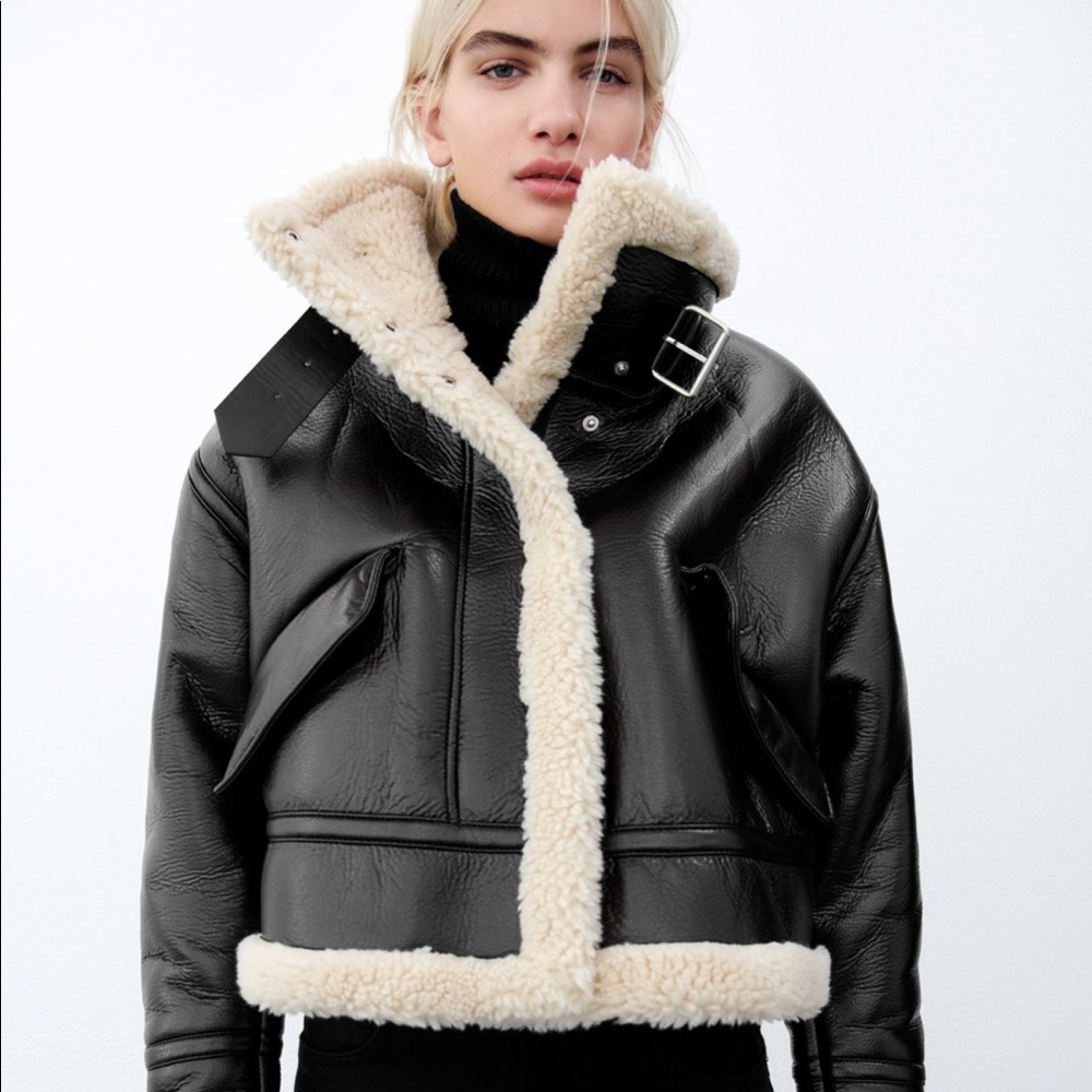 NWT Zara Faux Leather Fleece Collar Jacket sz small